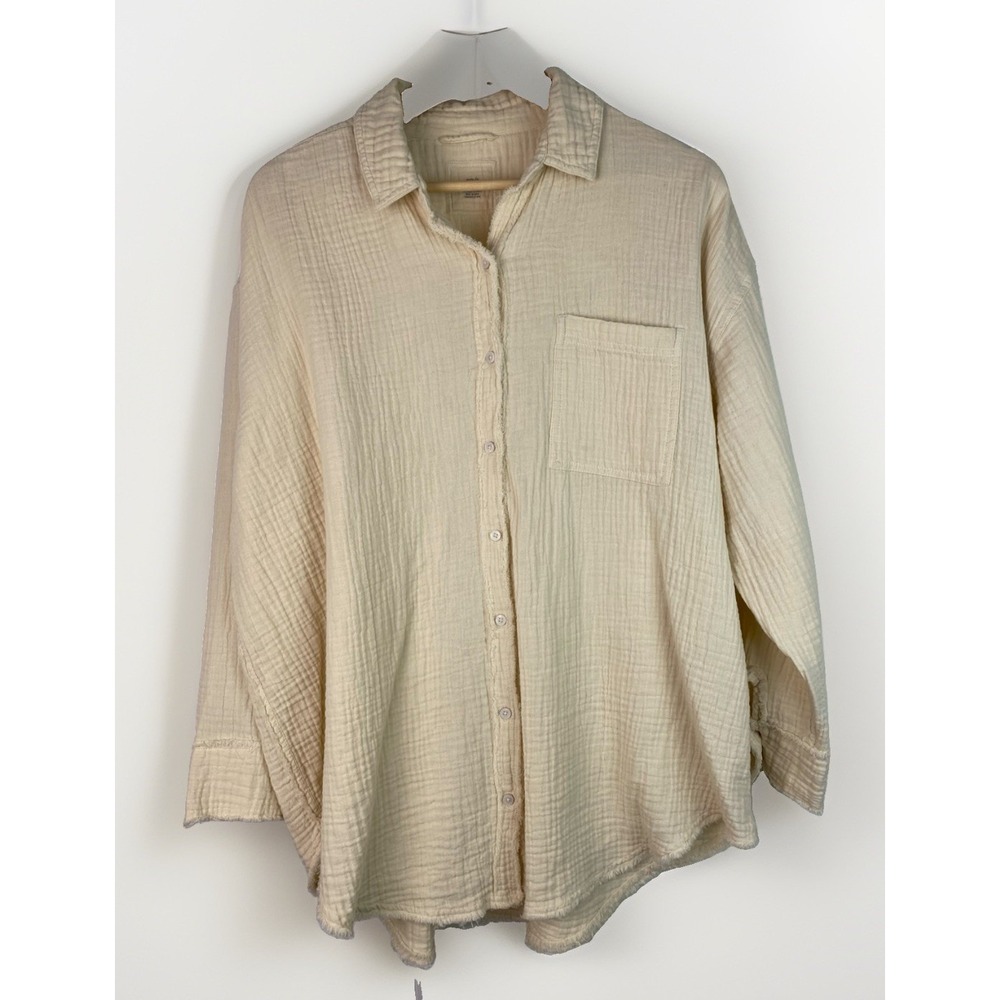 Aerie Women's M Creamy Ivory Oversized Raw Hem Gauze Button Up Shirt